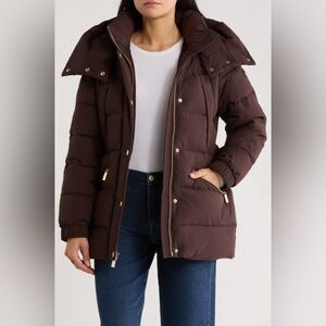 Michael Kors Belted Channel Quilted Hooded Puffer Coat